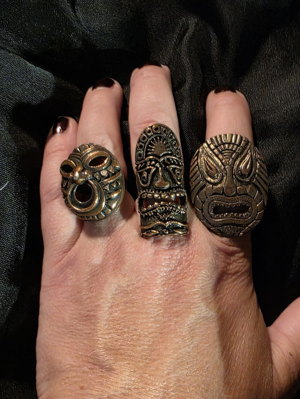 Trio of Bronze Tiki Statement Rings